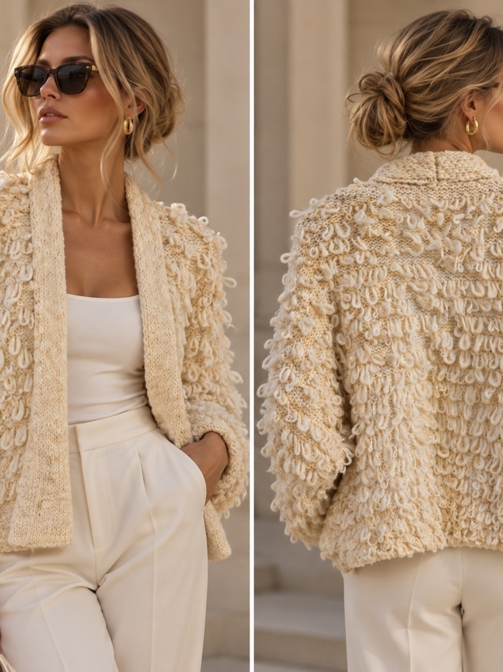 Anthropologie X Akemi + Kin Chunky Loop-Knit Cream Cardigan Jacket